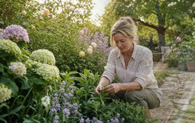 Person pflegt üppige Pflanzen in einem natürlich beleuchteten Garten; Thema Exotische Pflanzen, Schwerpunkt Topfkultur; Ergebnis.