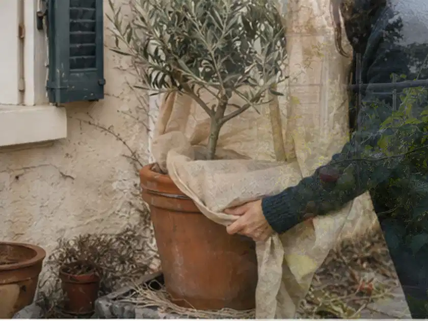 Person umhüllt eine mediterrane Kübelpflanze mit atmungsaktivem Winterschutz; Thema Exotische Pflanzen, Schwerpunkt Winterpflege; Titelbild.