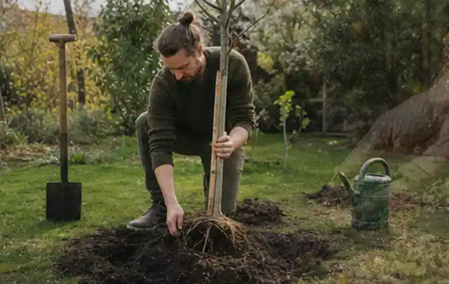 Person setzt einen jungen Zierbaum in ein vorbereitetes Pflanzloch im Garten; Thema Exotische Pflanzen, Schwerpunkt Winterpflege; Kontrolle.