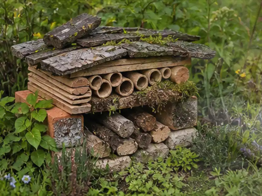 Naturnaher Unterschlupf aus Holz Rinde und Pflanzenstängeln im Garten; Thema Familiengarten, Schwerpunkt Anleitung; Titelbild.