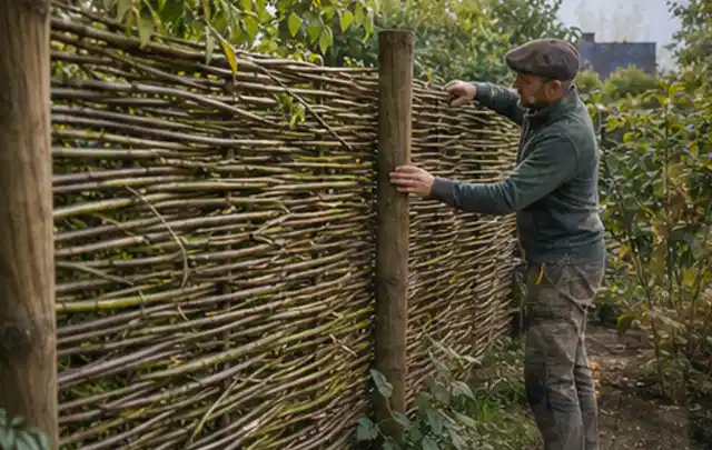 Person befestigt geflochtene Weidenruten an stabilen Holzpfosten im Garten; Thema Familiengarten, Schwerpunkt Anleitung; Ergebnis.