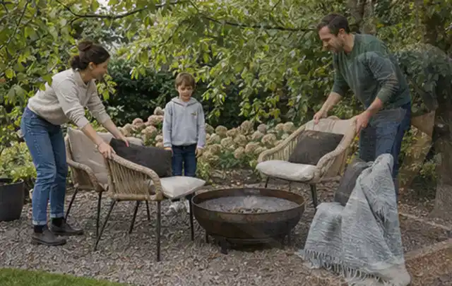 Familie stellt wetterfeste Sessel an einem geschützten Sitzplatz im Garten auf; Thema Familiengarten, Schwerpunkt Beleuchtung; Ausgangslage.