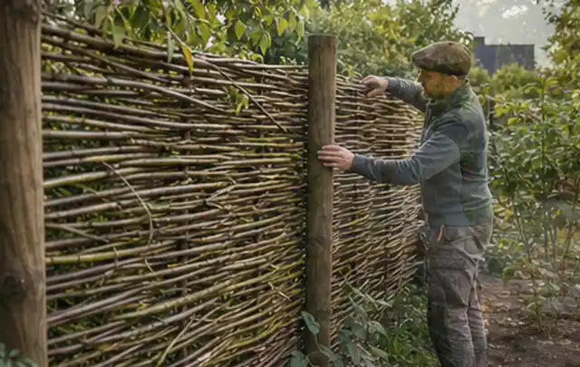 Person befestigt geflochtene Weidenruten an stabilen Holzpfosten im Garten; Thema Familiengarten, Schwerpunkt Beleuchtung; Umsetzung.