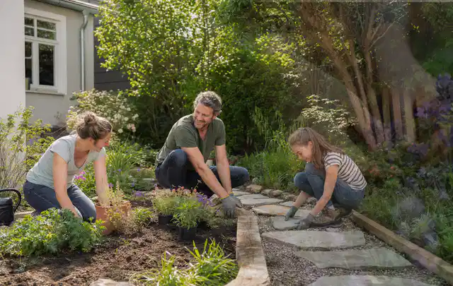 Familie geht auf einem Weg durch einen abwechslungsreich gestalteten Garten; Thema Familiengarten, Schwerpunkt Beleuchtung; Ergebnis.