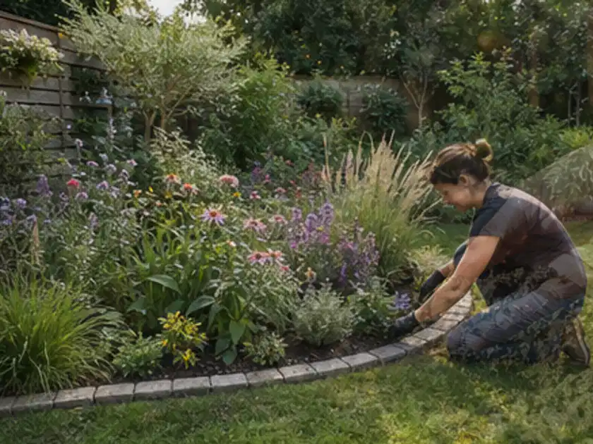 Person pflegt die klare Kante eines geschwungenen blühenden Staudenbeets; Thema Familiengarten, Schwerpunkt Bepflanzung; Titelbild.
