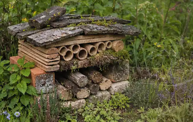 Naturnaher Unterschlupf aus Holz Rinde und Pflanzenstängeln im Garten; Thema Familiengarten, Schwerpunkt Bepflanzung; Ergebnis.