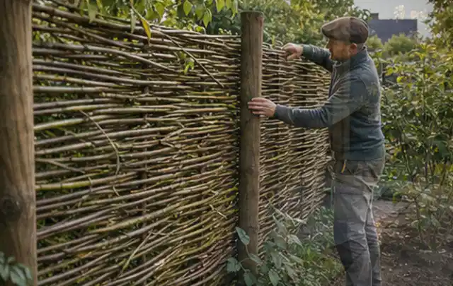 Person befestigt geflochtene Weidenruten an stabilen Holzpfosten im Garten; Thema Familiengarten, Schwerpunkt Bepflanzung; Praxisalltag.