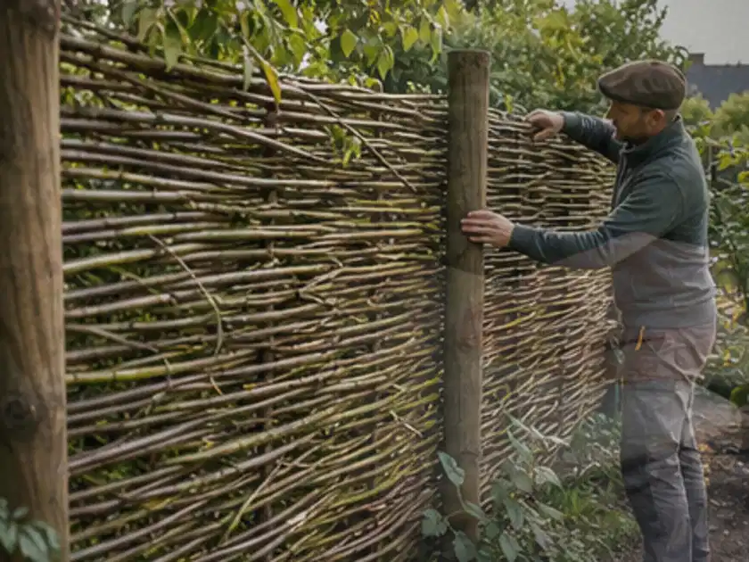 Person befestigt geflochtene Weidenruten an stabilen Holzpfosten im Garten; Thema Familiengarten, Schwerpunkt Checkliste; Titelbild.