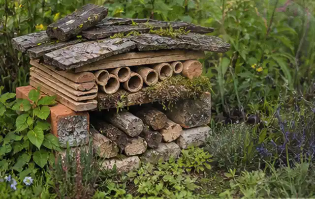 Naturnaher Unterschlupf aus Holz Rinde und Pflanzenstängeln im Garten; Thema Familiengarten, Schwerpunkt Checkliste; Kontrolle.