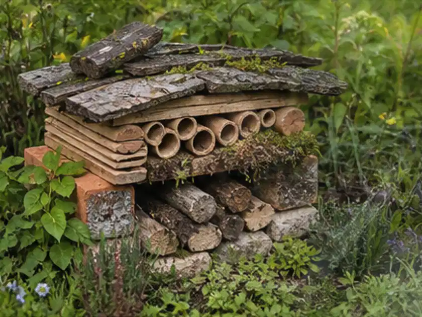 Naturnaher Unterschlupf aus Holz Rinde und Pflanzenstängeln im Garten; Thema Familiengarten, Schwerpunkt Fehlerhilfe; Titelbild.