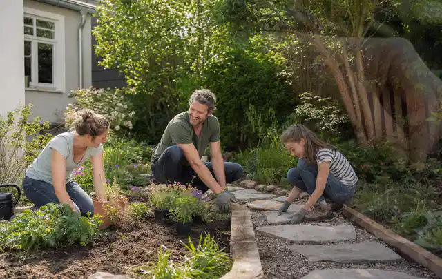 Familie geht auf einem Weg durch einen abwechslungsreich gestalteten Garten; Thema Familiengarten, Schwerpunkt Fehlerhilfe; Ausgangslage.