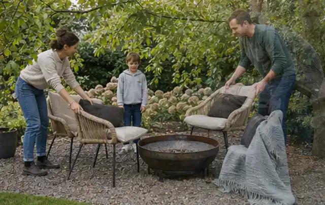 Familie stellt wetterfeste Sessel an einem geschützten Sitzplatz im Garten auf; Thema Familiengarten, Schwerpunkt Fehlerhilfe; Ergebnis.