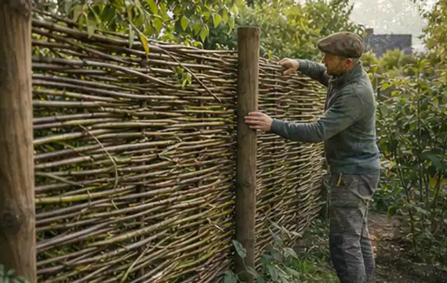 Person befestigt geflochtene Weidenruten an stabilen Holzpfosten im Garten; Thema Familiengarten, Schwerpunkt Fehlerhilfe; Praxisalltag.