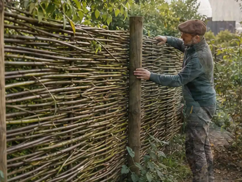 Person befestigt geflochtene Weidenruten an stabilen Holzpfosten im Garten; Thema Familiengarten, Schwerpunkt Hanglage; Titelbild.