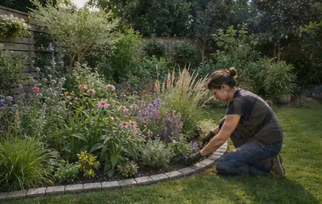 Person pflegt die klare Kante eines geschwungenen blühenden Staudenbeets; Thema Familiengarten, Schwerpunkt Hanglage; Umsetzung.