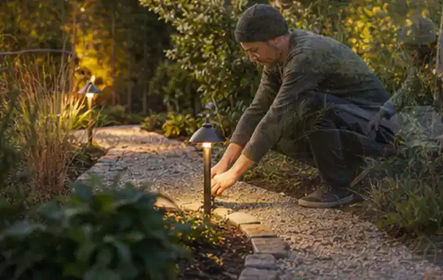 Person richtet eine niedrige warm leuchtende Gartenlampe am Kiesweg aus; Thema Familiengarten, Schwerpunkt Hanglage; Praxisalltag.