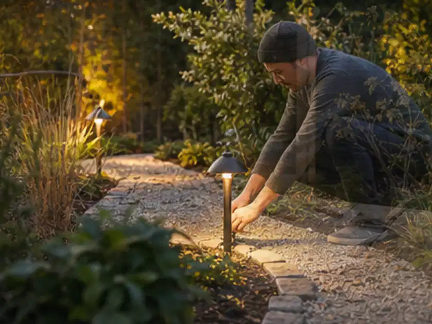 Person richtet eine niedrige warm leuchtende Gartenlampe am Kiesweg aus; Thema Familiengarten, Schwerpunkt Inspiration; Titelbild.
