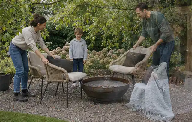Familie stellt wetterfeste Sessel an einem geschützten Sitzplatz im Garten auf; Thema Familiengarten, Schwerpunkt Inspiration; Ausgangslage.