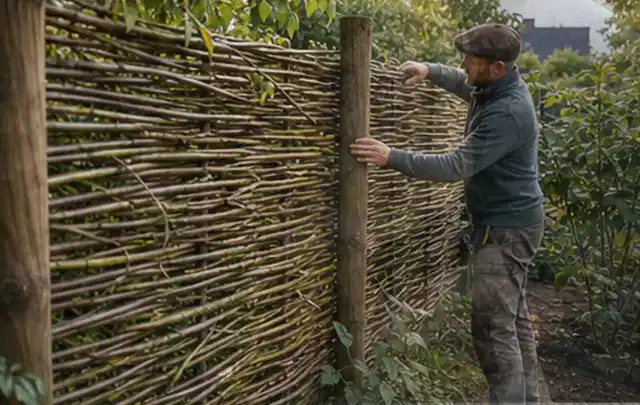 Person befestigt geflochtene Weidenruten an stabilen Holzpfosten im Garten; Thema Familiengarten, Schwerpunkt Kosten; Ausgangslage.