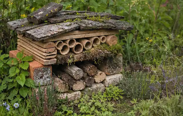 Naturnaher Unterschlupf aus Holz Rinde und Pflanzenstängeln im Garten; Thema Familiengarten, Schwerpunkt Kosten; Kontrolle.