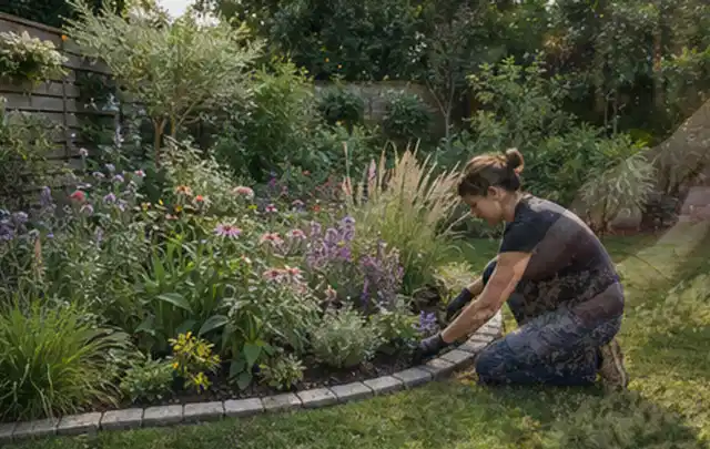 Person pflegt die klare Kante eines geschwungenen blühenden Staudenbeets; Thema Familiengarten, Schwerpunkt Kosten; Praxisalltag.