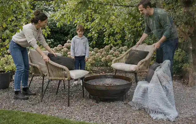 Familie stellt wetterfeste Sessel an einem geschützten Sitzplatz im Garten auf; Thema Familiengarten, Schwerpunkt Materialwahl; Umsetzung.