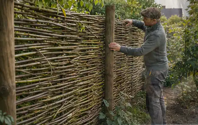 Person befestigt geflochtene Weidenruten an stabilen Holzpfosten im Garten; Thema Familiengarten, Schwerpunkt Materialwahl; Praxisalltag.
