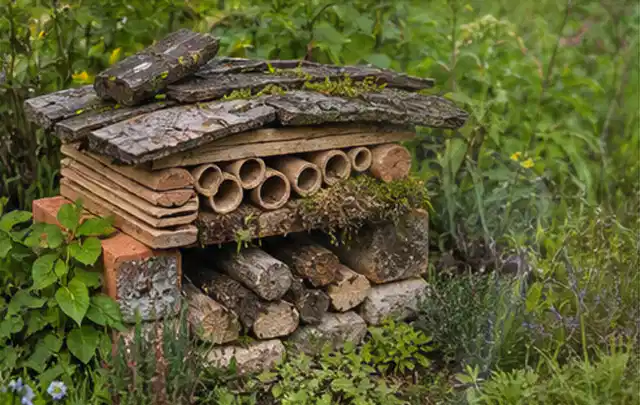 Naturnaher Unterschlupf aus Holz Rinde und Pflanzenstängeln im Garten; Thema Familiengarten, Schwerpunkt Naturgarten; Ausgangslage.