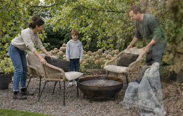 Familie stellt wetterfeste Sessel an einem geschützten Sitzplatz im Garten auf; Thema Familiengarten, Schwerpunkt Naturgarten; Umsetzung.