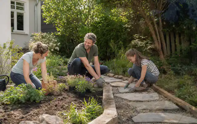 Familie geht auf einem Weg durch einen abwechslungsreich gestalteten Garten; Thema Familiengarten, Schwerpunkt Naturgarten; Kontrolle.