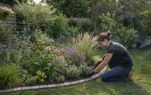 Person pflegt die klare Kante eines geschwungenen blühenden Staudenbeets; Thema Familiengarten, Schwerpunkt Naturgarten; Ergebnis.