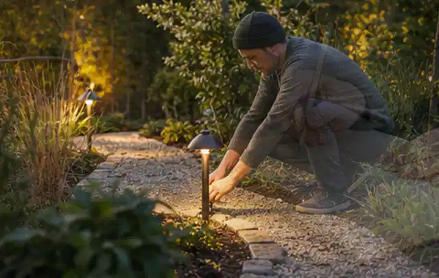 Person richtet eine niedrige warm leuchtende Gartenlampe am Kiesweg aus; Thema Familiengarten, Schwerpunkt Pflegeleichtigkeit; Ausgangslage.