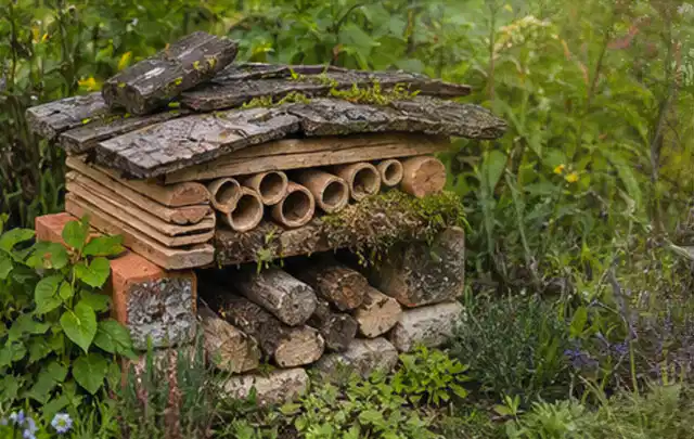 Naturnaher Unterschlupf aus Holz Rinde und Pflanzenstängeln im Garten; Thema Familiengarten, Schwerpunkt Pflegeleichtigkeit; Kontrolle.