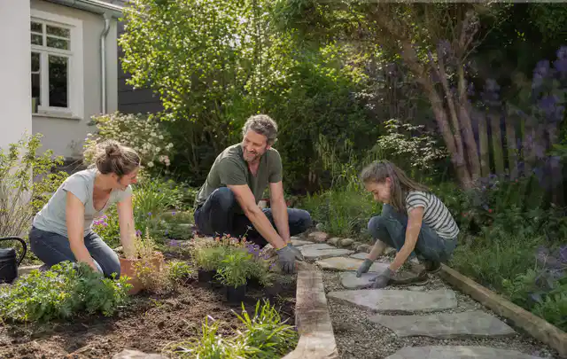 Familie geht auf einem Weg durch einen abwechslungsreich gestalteten Garten; Thema Familiengarten, Schwerpunkt Pflegeleichtigkeit; Praxisalltag.
