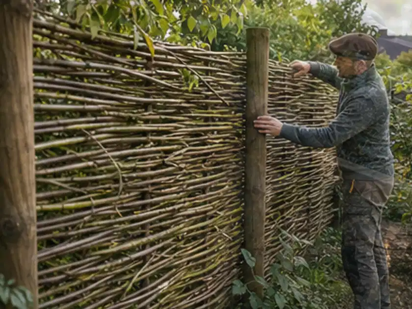 Person befestigt geflochtene Weidenruten an stabilen Holzpfosten im Garten; Thema Familiengarten, Schwerpunkt Planung; Titelbild.