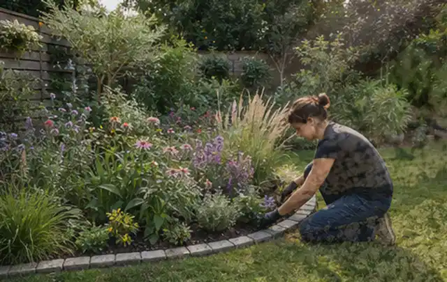 Person pflegt die klare Kante eines geschwungenen blühenden Staudenbeets; Thema Familiengarten, Schwerpunkt Planung; Umsetzung.