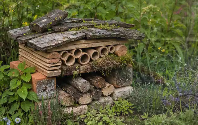 Naturnaher Unterschlupf aus Holz Rinde und Pflanzenstängeln im Garten; Thema Familiengarten, Schwerpunkt Planung; Kontrolle.