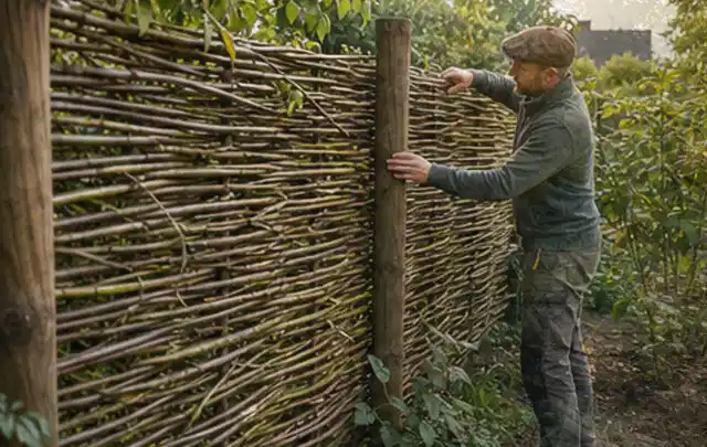 Person befestigt geflochtene Weidenruten an stabilen Holzpfosten im Garten; Thema Familiengarten, Schwerpunkt Praxisbeispiele; Umsetzung.