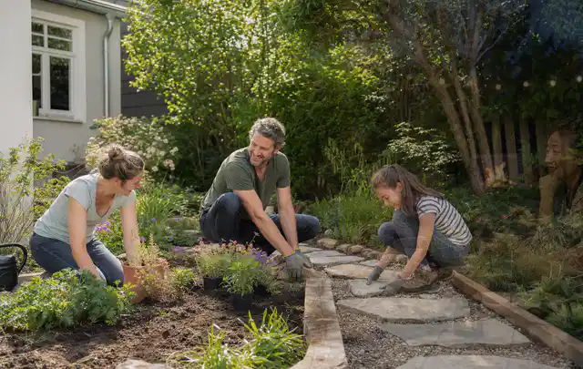 Familie geht auf einem Weg durch einen abwechslungsreich gestalteten Garten; Thema Familiengarten, Schwerpunkt Praxisbeispiele; Kontrolle.