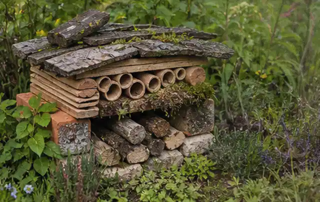 Naturnaher Unterschlupf aus Holz Rinde und Pflanzenstängeln im Garten; Thema Familiengarten, Schwerpunkt Praxisbeispiele; Praxisalltag.