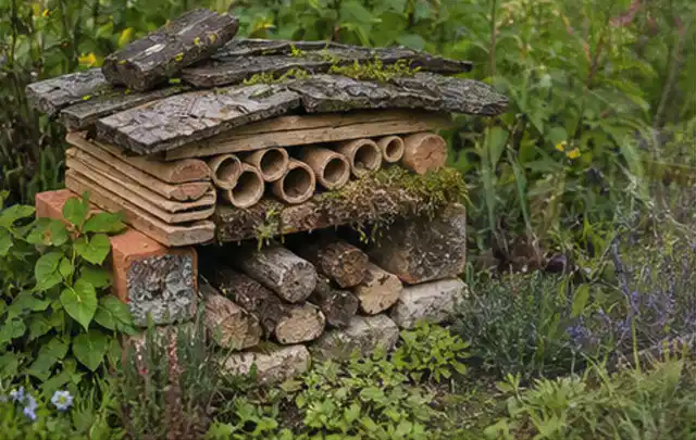 Naturnaher Unterschlupf aus Holz Rinde und Pflanzenstängeln im Garten; Thema Familiengarten, Schwerpunkt Privatsphäre; Umsetzung.