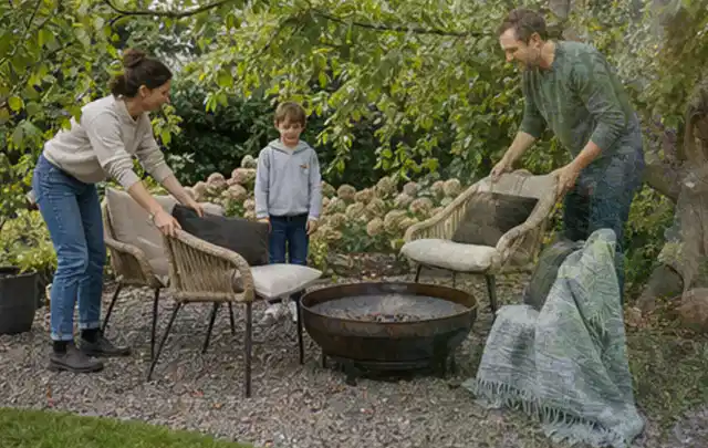 Familie stellt wetterfeste Sessel an einem geschützten Sitzplatz im Garten auf; Thema Familiengarten, Schwerpunkt Privatsphäre; Kontrolle.