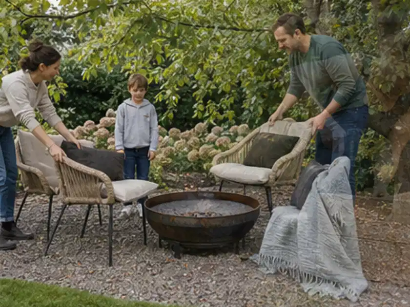 Familie stellt wetterfeste Sessel an einem geschützten Sitzplatz im Garten auf; Thema Familiengarten, Schwerpunkt Wegeführung; Titelbild.