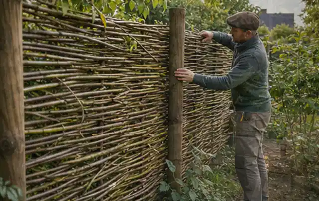 Person befestigt geflochtene Weidenruten an stabilen Holzpfosten im Garten; Thema Familiengarten, Schwerpunkt Wegeführung; Ausgangslage.