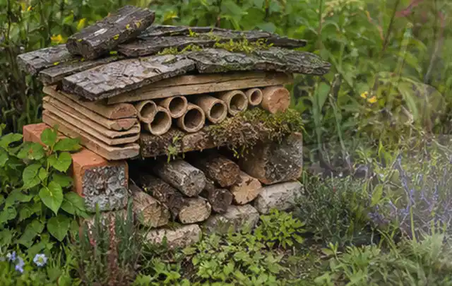 Naturnaher Unterschlupf aus Holz Rinde und Pflanzenstängeln im Garten; Thema Familiengarten, Schwerpunkt Wegeführung; Umsetzung.