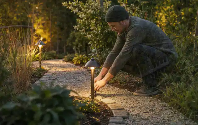Person richtet eine niedrige warm leuchtende Gartenlampe am Kiesweg aus; Thema Fehler Lösungen, Schwerpunkt Mähroboter; Umsetzung.