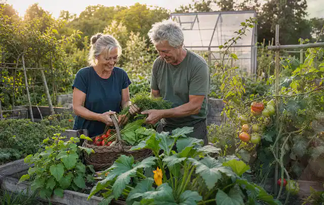Zwei Personen ernten gemeinsam Gemüse in einem sonnigen Nutzgarten; Thema Feigen, Schwerpunkt Balkongarten; Praxisalltag.