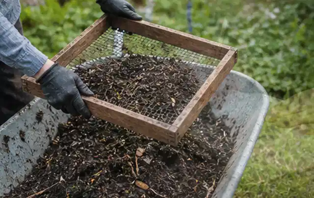 Behandschuhte Hände sieben reifen Kompost über einer Gartenschubkarre; Thema Feigen, Schwerpunkt Bewässerung; Ausgangslage.