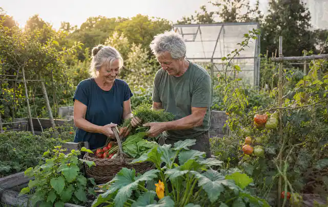 Zwei Personen ernten gemeinsam Gemüse in einem sonnigen Nutzgarten; Thema Feigen, Schwerpunkt Ernteprobleme; Umsetzung.