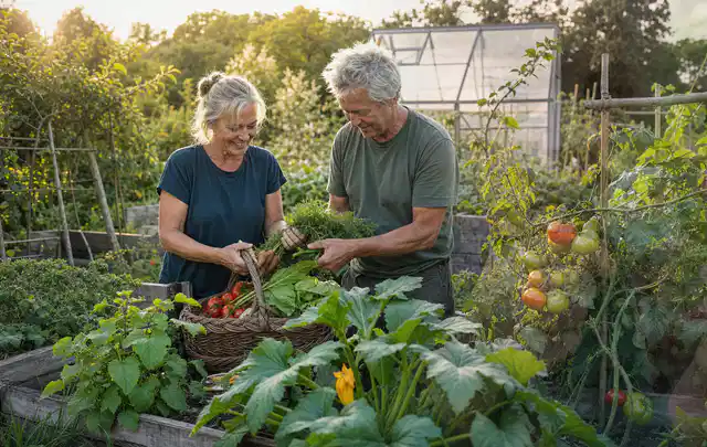 Zwei Personen ernten gemeinsam Gemüse in einem sonnigen Nutzgarten; Thema Feigen, Schwerpunkt Nährstoffe; Kontrolle.